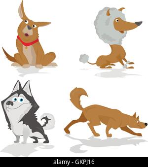 Les chiens de races diverses drôle comité permanent en vue de côté, définir isolated on white Illustration de Vecteur