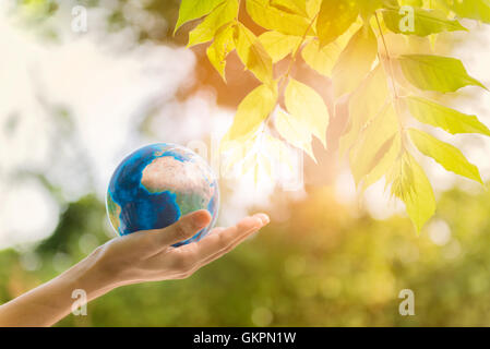 Planète terre tenant à la main, à arbre et contre green spring background. Responsabilité sociale des entreprises ou RSE concept. Banque D'Images