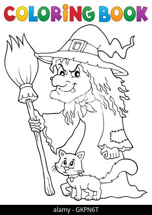 Livre de coloriage sorcière avec cat et de balais - photo illustration. Banque D'Images