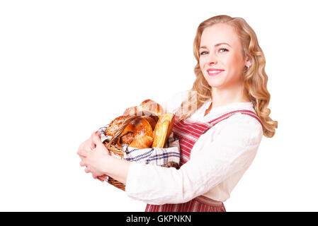 Portrait of cute smiling woman avec des pâtisseries dans ses mains en studio, isolé sur fond blanc Banque D'Images