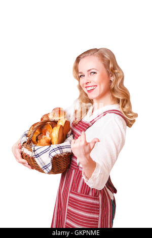 Portrait of cute smiling woman avec des pâtisseries dans ses mains en studio, isolé sur fond blanc Banque D'Images