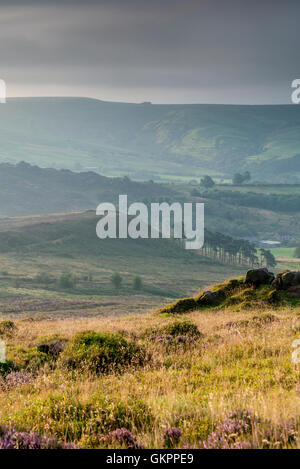 Magnifique paysage de rochers et la lande à l'cafards dans le Peak District, dans le Derbyshire, une magnifique région de gréa Banque D'Images