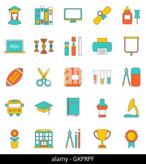 Icônes de ligne plate de matériel scolaire et d'outils Illustration de Vecteur