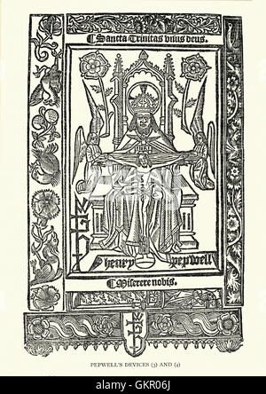 Gravure sur bois d'appareils de l'Pepwell, montrant Jésus sur la croix et Dieu sur son trône céleste Banque D'Images