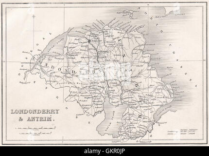 Le Comté de Londonderry et le comté d'Antrim. L'Irlande, 1835 carte antique Banque D'Images