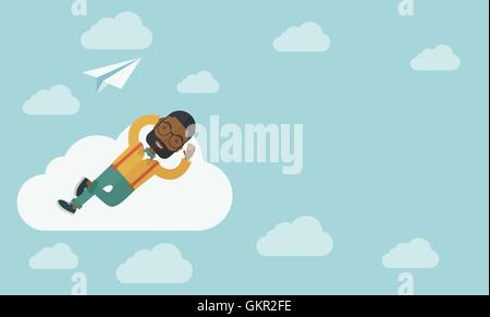 Homme noir couché sur un nuage avec l'avion en papier. Illustration de Vecteur