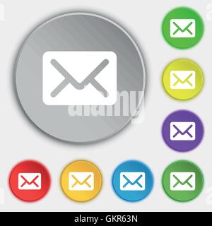 Mail, enveloppe, une icône représentant une lettre signe. Symbole sur cinq boutons plats. Vector Illustration de Vecteur