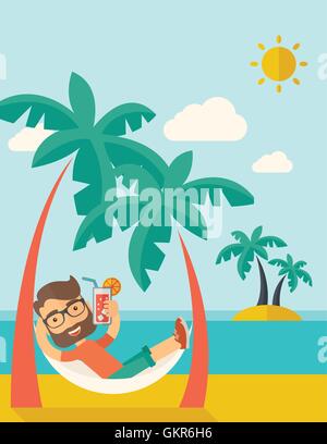 Jeune homme sur la plage e cocktail et relaxant. Illustration de Vecteur