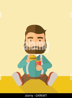 Gros homme assis en mangeant. Illustration de Vecteur
