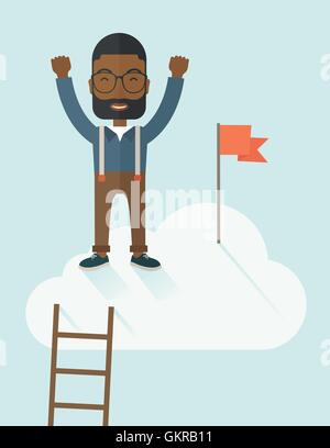 Homme Noir debout sur le dessus des nuages avec drapeau rouge. Illustration de Vecteur