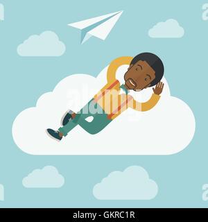 Homme noir couché sur un nuage avec l'avion en papier. Illustration de Vecteur