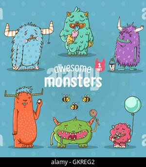 Set of funny cartoon monstres Illustration de Vecteur