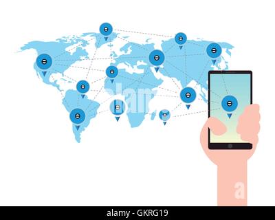 Téléphone mobile dans une main carte du monde Global Business Communication Technology Concept Illustration de Vecteur
