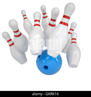 Blue ball renverse des broches pour le bowling Banque D'Images