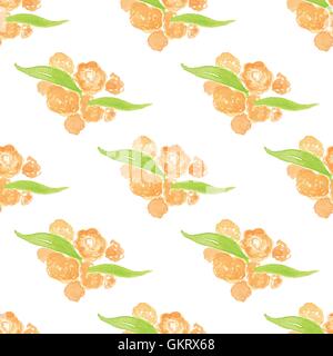 Peint à l'Aquarelle transparente floral pattern. peach Les branches et les feuilles vertes. Vector illustration Illustration de Vecteur