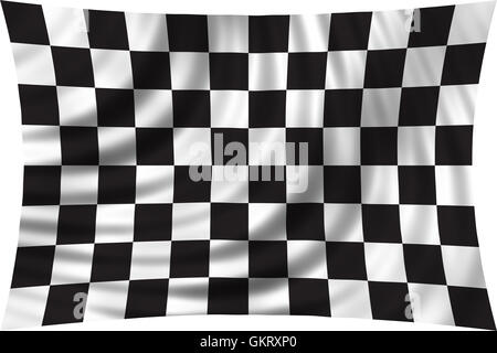 Course à damiers drapeaux dans le vent isolé sur fond blanc. La conception symbolique de fin de course de voiture. Le noir et blanc Banque D'Images