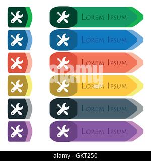 Tournevis, clé, l'icône de paramètres signe. Ensemble de boutons longue colorée, lumineuse avec des petits modules. Modèle plat Illustration de Vecteur