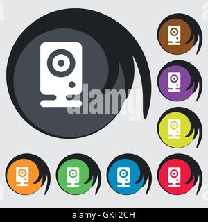 L'icône Web cam signe. Symbole sur huit boutons de couleur. Vector Illustration de Vecteur