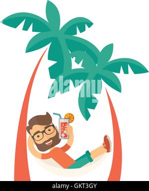 Jeune homme sur la plage e cocktail et relaxant. Illustration de Vecteur