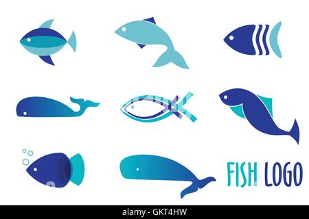 Vector illustration de couleurs bleu poissons. Logo poisson abstraite définie pour restaurant de fruits de mer ou poisson shop. Illustration de Vecteur