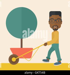 Jeune homme africain poussant le panier avec arbre. Illustration de Vecteur