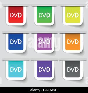 L'icône dvd signe. Ensemble d'étiquettes modernes multicolores pour votre conception. Vector Illustration de Vecteur