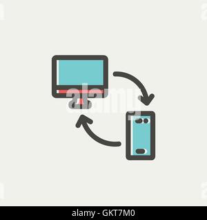 Ordinateur, appareil mobile et la connexion réseau sur l'icône de la ligne mince Illustration de Vecteur