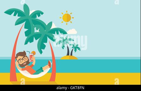 Jeune homme sur la plage e cocktail et relaxant. Illustration de Vecteur