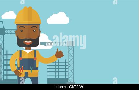 Homme debout noir en face de la tour de la grue de construction. Illustration de Vecteur