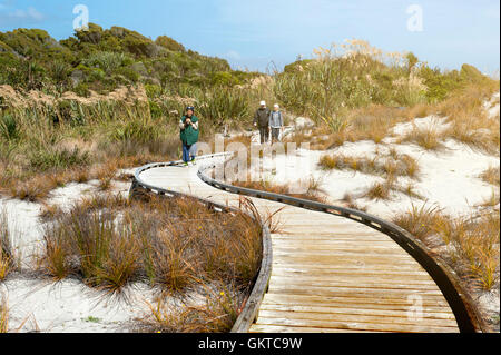 Haast, Nouvelle-Zélande - Février 2016 : les touristes marche sur passerelle en bois sur la plage à Tauparikaka Marine Reserve Banque D'Images