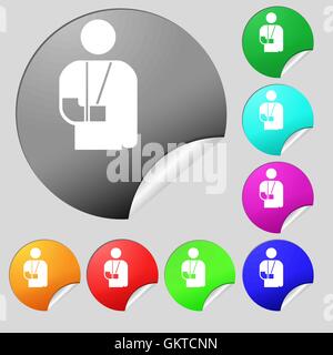 Bras cassé, l'invalidité se déconnecter icône. Ensemble de huit boutons ronds multicolores, autocollants. Vector Illustration de Vecteur