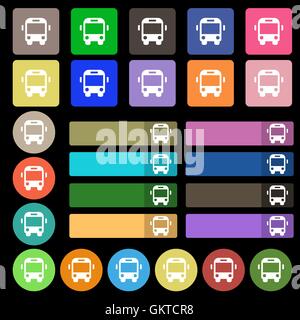 Icône Bus signe. Set de vingt sept boutons plats multicolores. Vector Illustration de Vecteur