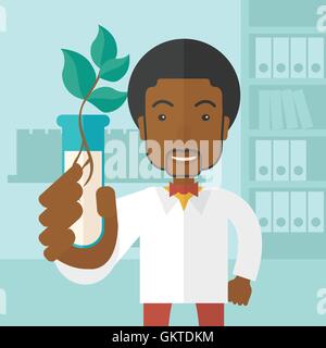 Black guy chimiste au tube et eco feuilles. Illustration de Vecteur