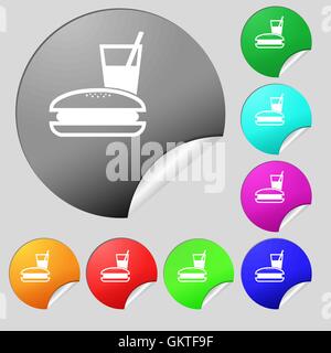 L'icône de la boîte à lunch signe. Ensemble de huit boutons ronds multicolores, autocollants. Vector Illustration de Vecteur