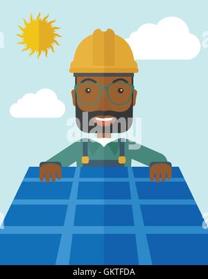 L'homme de mettre un panneau solaire sur le toit. Illustration de Vecteur