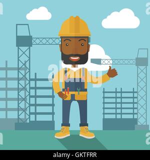 Homme debout noir en face de la tour de la grue de construction. Illustration de Vecteur