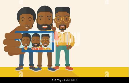 Trois hommes de race noire en tenant selfies Illustration de Vecteur