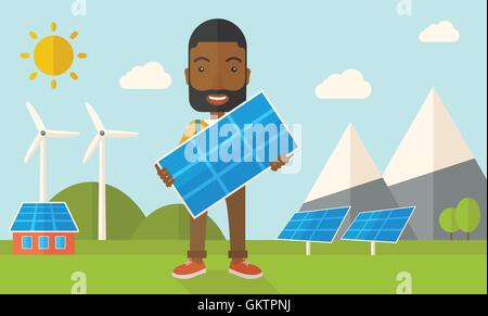 African man holding un panneau solaire. Illustration de Vecteur