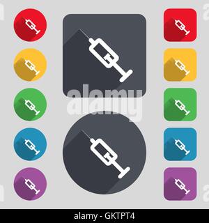 Icône seringue signe. Un ensemble de 12 boutons de couleur et d'ombre. Modèle plat. Vector Illustration de Vecteur