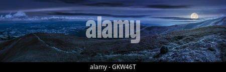 Vue panoramique du paysage d'été sous ciel bleu avec des nuages. Chemin à travers la prairie à flanc de montagne sur la crête en Borzhava Carpates à Banque D'Images