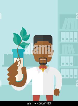 Black guy chimiste au tube et eco feuilles. Illustration de Vecteur