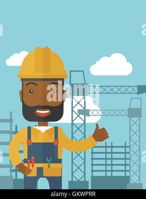 Homme debout noir en face de la tour de la grue de construction. Illustration de Vecteur