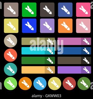 Icône d'arme Missile Rocket,signe. Set de vingt sept boutons plats multicolores. Vector Illustration de Vecteur