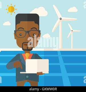 African man with laptop en panneau solaire. Illustration de Vecteur