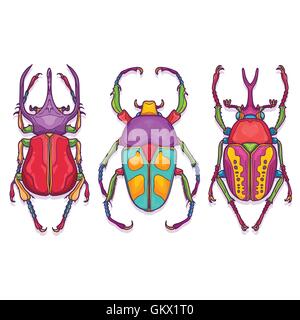 Vector Illustration d'insectes dessinés à la main, en couleurs. Ensemble de 3 Beetle Bugs Vue supérieure Illustration de Vecteur