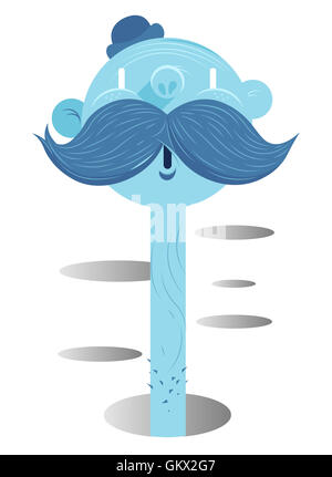 Un personnage d'un homme bleu avec une grosse moustache et un chapeau , pop sa tête hors de l'un des nombreux trous sur un fond blanc. Banque D'Images