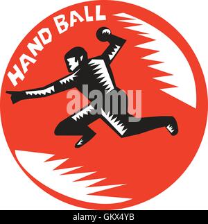 Joueur de handball aller trouver Circle gravure sur bois Illustration de Vecteur