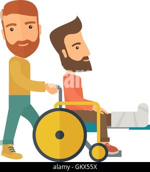 Homme pousser le fauteuil roulant avec fracture de la jambe du patient. Illustration de Vecteur