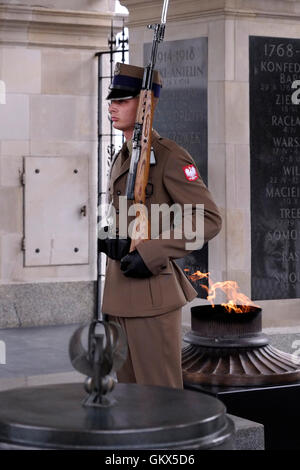 Un soldat armé du Régiment de garde d'honneur des Forces armées polonaises tient la garde à la tombe du Soldat inconnu dédiée aux soldats inconnus qui ont donné leur vie à la Pologne située sur la place Pilsudski à Varsovie, en Pologne Banque D'Images