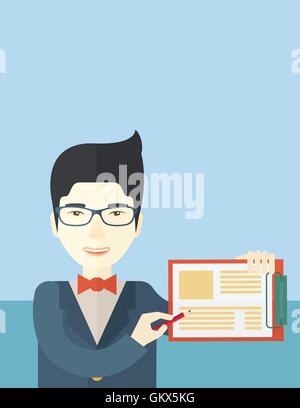 Bel asiatique homme portant veste bleue tenant son presse-papiers. Illustration de Vecteur
